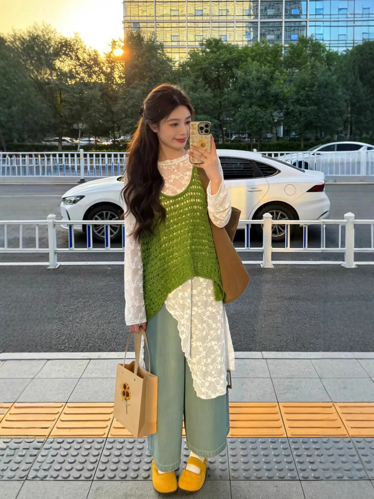 plus Size Autumn Fashion Set with Lace Crop Top And Jeans High Waist Loose Fit Korean Style Women's Ensemble Casual Wear - view 5