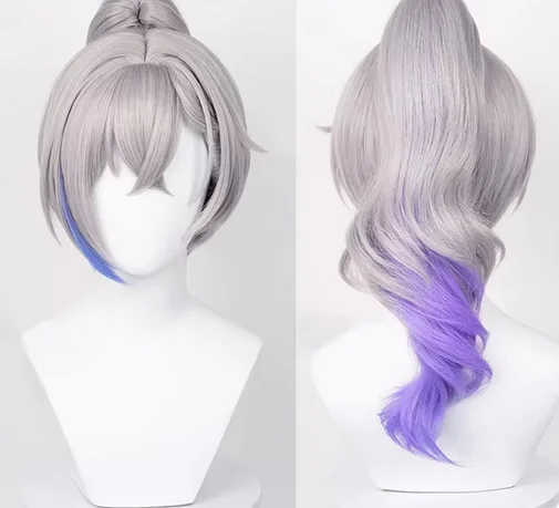 コスプレ用合成ウェーブヘアウィッグ,ハリーポニーテール,ストレート,グレーとパープル