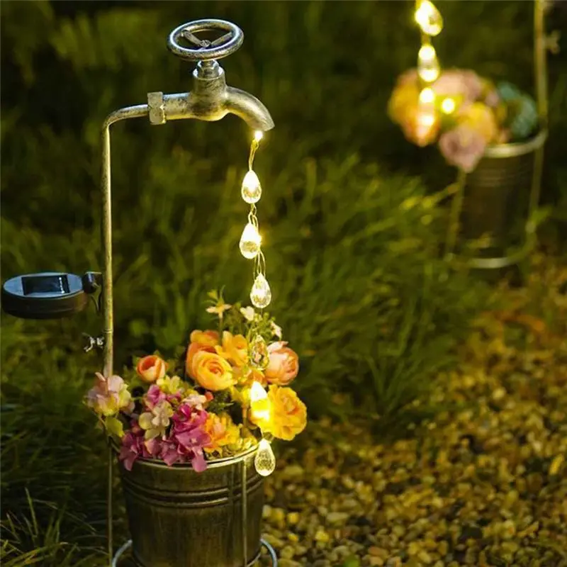 A21Q -Solar Powered Water Faucet Lights Waterproof LED Planter Lamp For Patio Pathway Walkway Lawn Garden