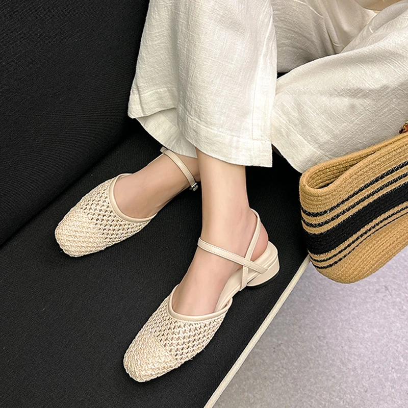 

Fashion Mesh Hollow Out Low Heels Sandals Woman Round Toe Comfort Pumps Summer Spring Buckle StrapParty Wedding Designer Shoes