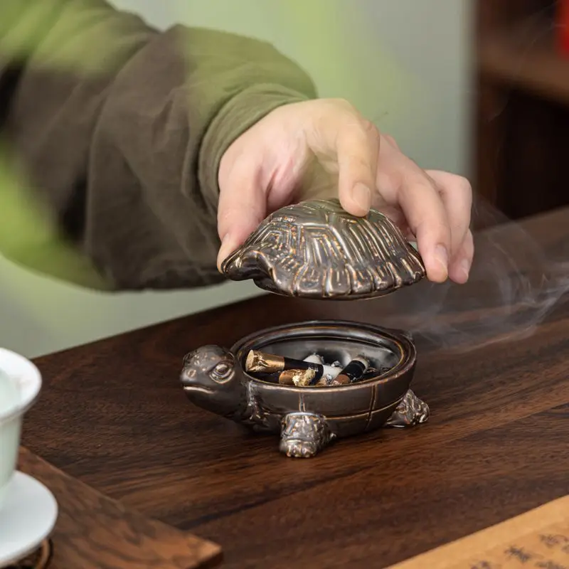 

Shoutula Ceramic Ashtray Small Tea Pet Office Home Living Room with Cover Anti-fly Ash Chinese Cute Ornament Decoration