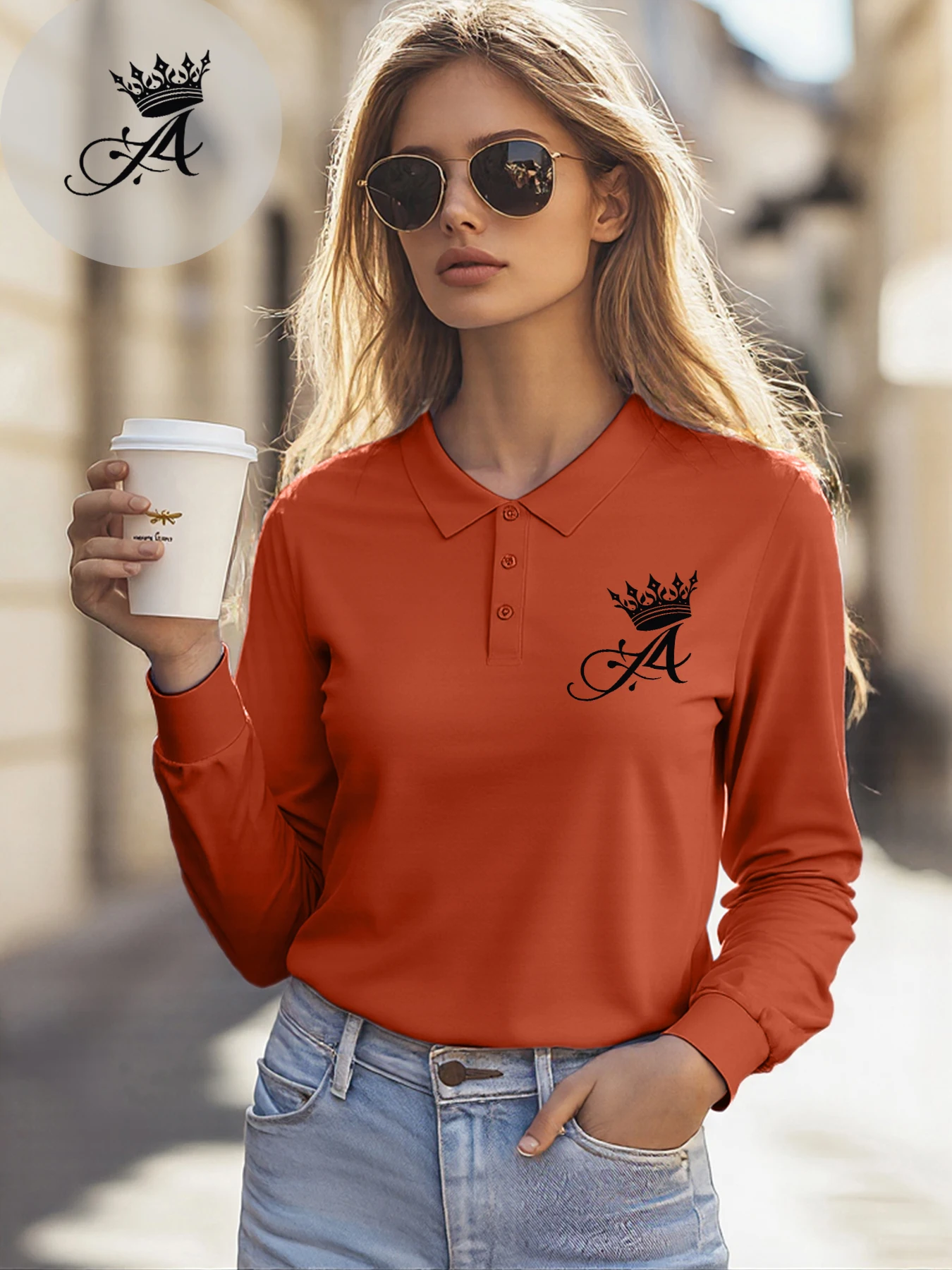 

Crown Letter A Simple Print Womens T Shirts Hip Hop Business Polo Shirt Autumn All-Match Long Sleeve Casual Lapel Streetwear