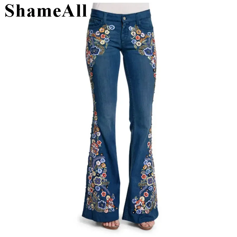 Spring Women Plus Size  Multicolor Boho Floral  Embroidery Long Flare Jeans 3XL 4XL Highstreet Wide Leg Bell-bottom Denim Pants