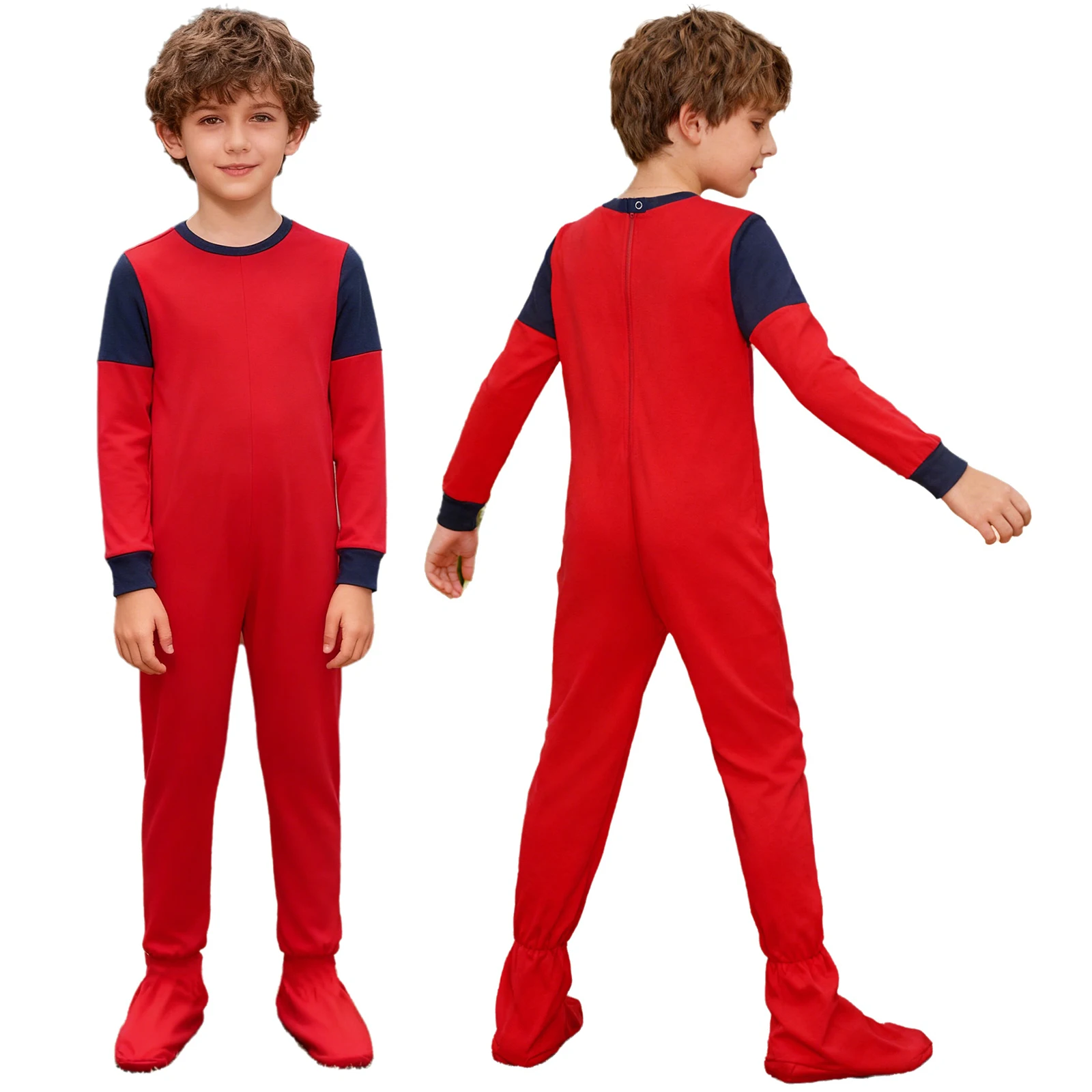 Kids Boys Girls Special Needs Adaptive Clothing Round Neck Long Sleeve Anti-Strip Back Zipper Footed Jumpsuit Rompers Homewear image 2