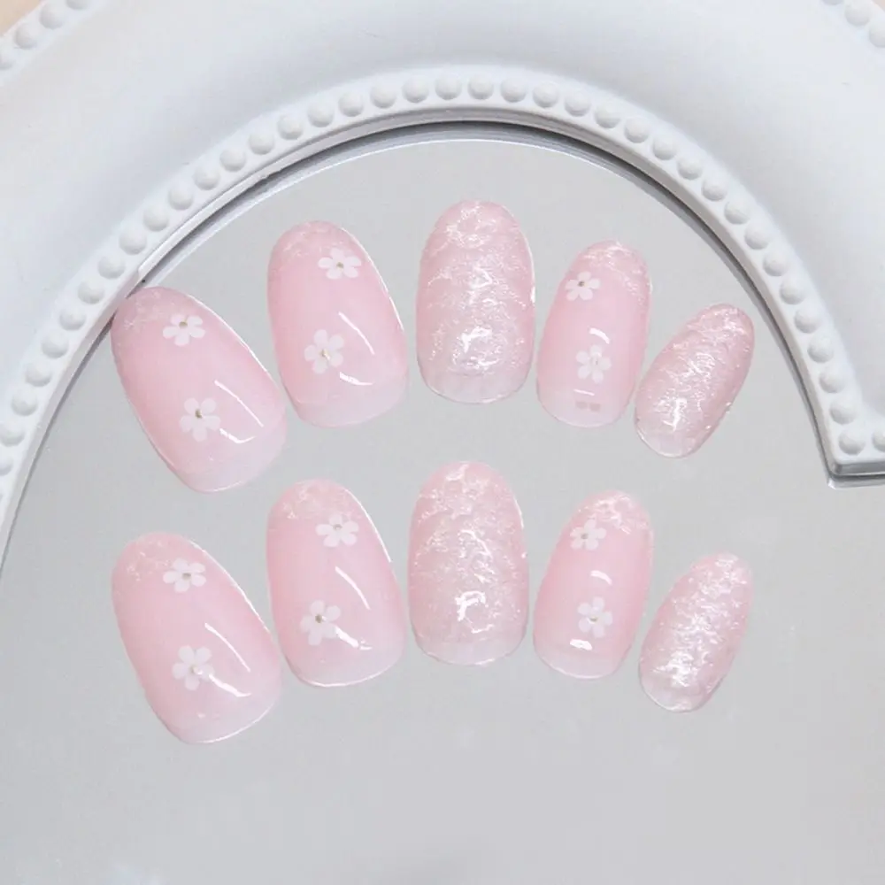 24 pezzi manicure unghie finte ovali onda d'acqua unghie finte francesi occhio di gatto dolce piccolo fiore punte per unghie donne