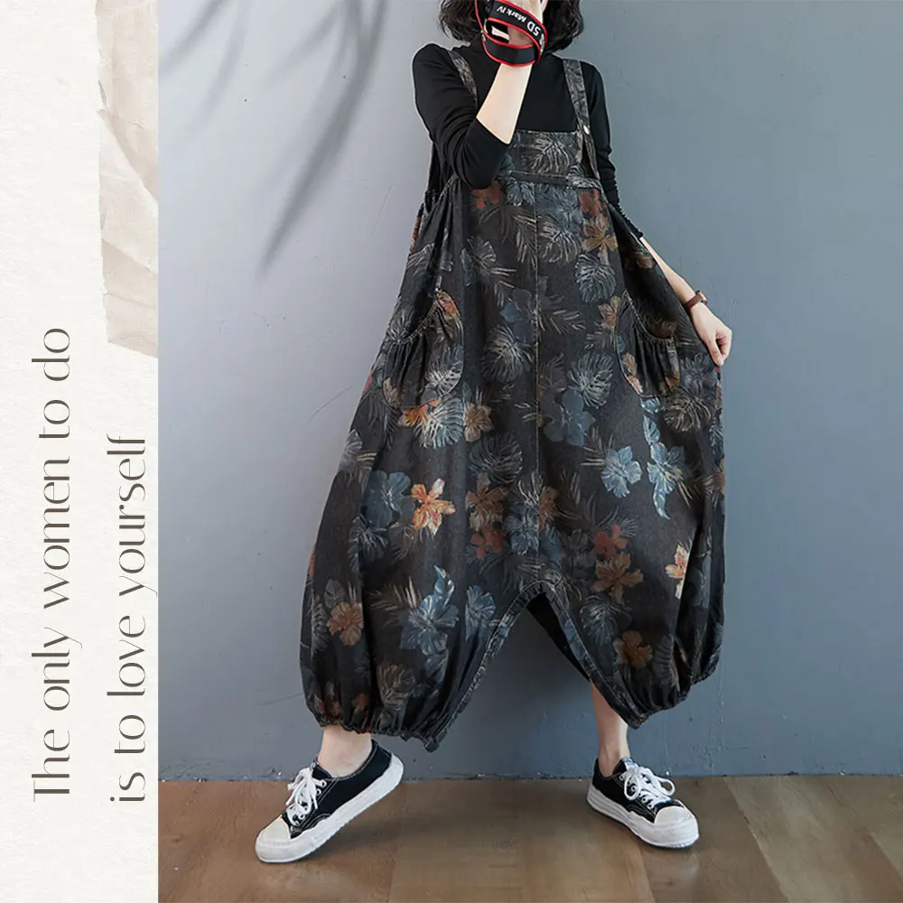 Aricaca Two Styles Vintage Flower Printed Denim Overalls Women's Button Split Bloomers Oversize Jeans Dress Jumpsuit