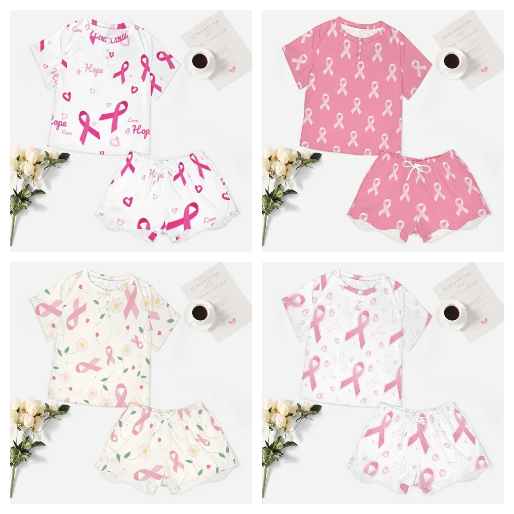 Pink Ribbon Pattern Women's 2-Piece Button Down Short Sleeve Button Front Sleepwear Loungewear PJ Set Summer Home Suit