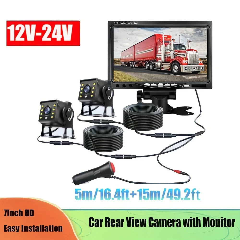 

7inch Monitor 2x Backup Camera 12-24V 8LED IR Rear/Front/Left/Right View Truck Camera HD Display Full Set Parking Reverse System