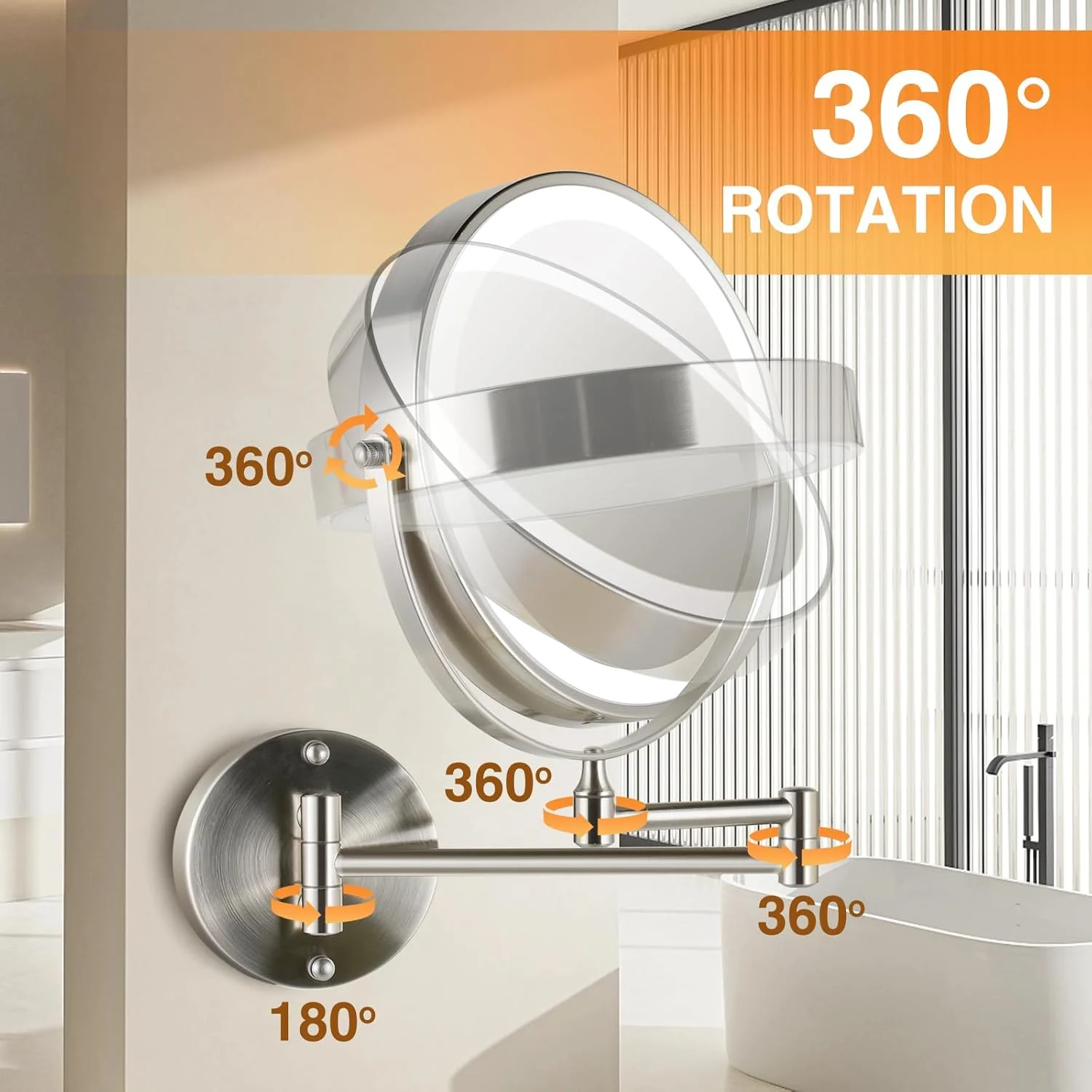 Miroir de maquillage monté avec lumières et grossissement, miroir de salle de bain double touche 8,5 pouces 2 faces 1X/10X, écran tactile 3 mod d'éclairage