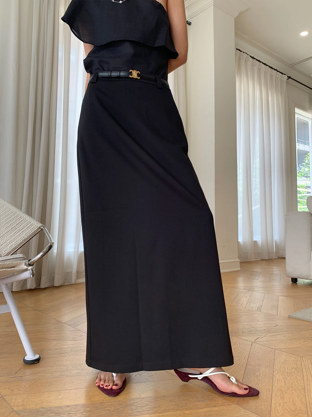 

ZOCHEEO ey Bla A-Line Midi Skirt Women's Slimming Versatile Ele Long Skirt Commute Korean Sle High Waist Polyester