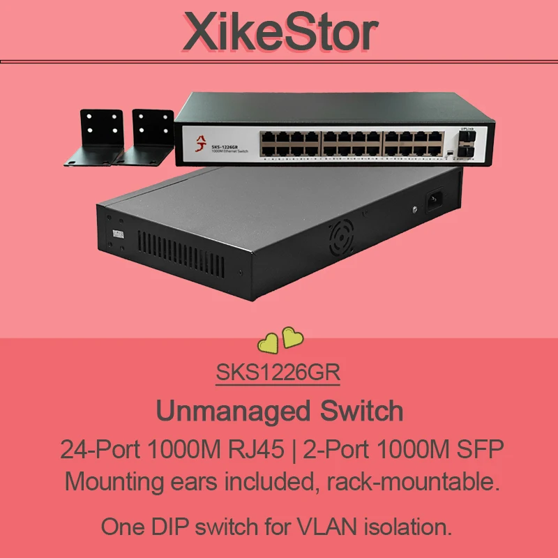 

Неуправляемый коммутатор XikeStor, 24-портовый, 1000 м, RJ45 | 2-портовые монтажные уши 1000M SFP в комплекте | Один DIP-переключатель для VLAN