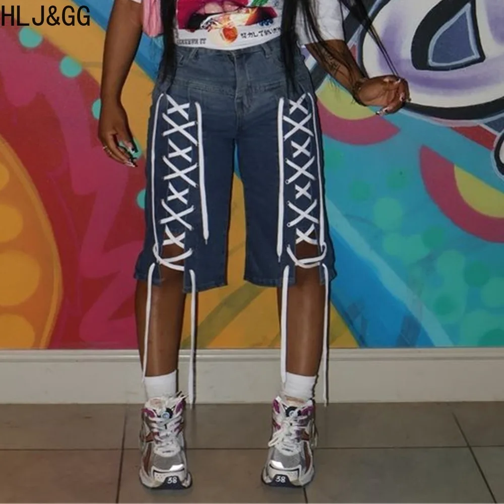 HLJ&GG American Vintage Fashion Bandage Straight Jean Shorts Women High Waisted Button Loose Denim Shorts Female Cowboy Bottom