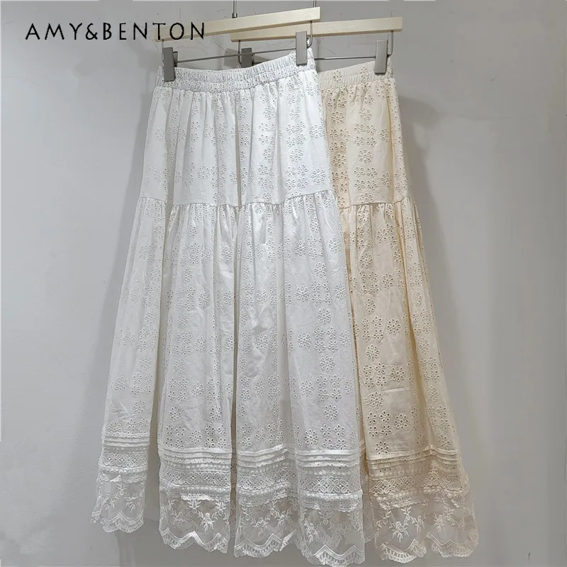 

French Style White Lace Patchwork Embroidered Hollow Out Midi Skirt 2026 Spring Summer New Slimming Versatile Long Skirts Ladies