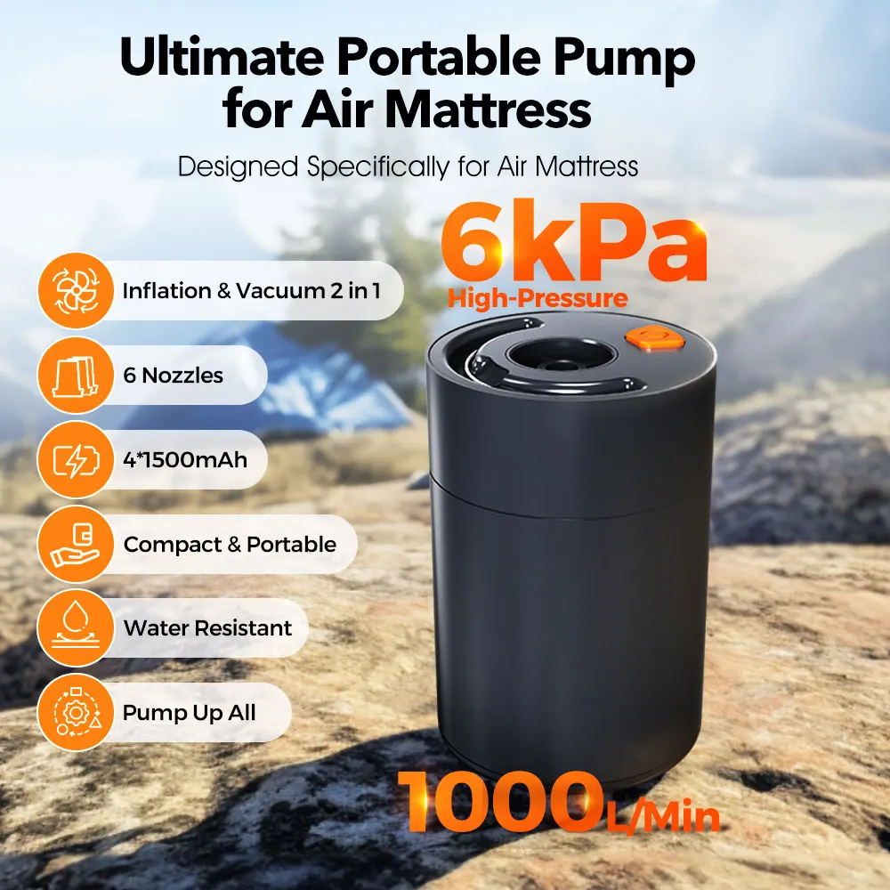 Portable GIGA Pump for Air Beds - 6KPa High-Pressure Dual Inflate/Deflate Air Pump, 1000L/min Flow for Outdoor Use