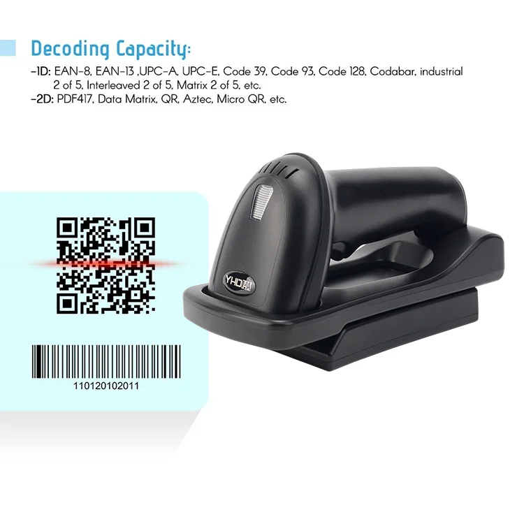 YHD-5800DB Lector de código Qr 2D manos libres Escáner de código de barras resistente Bluetooth inalámbrico con base de carga