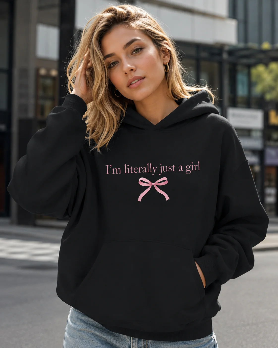 I'm Literally Just A Grill and Pink Bow Print Pattern Women's Hooded Fashion Casual HipHop Sweatshirt Harajuku Unisex ﻿