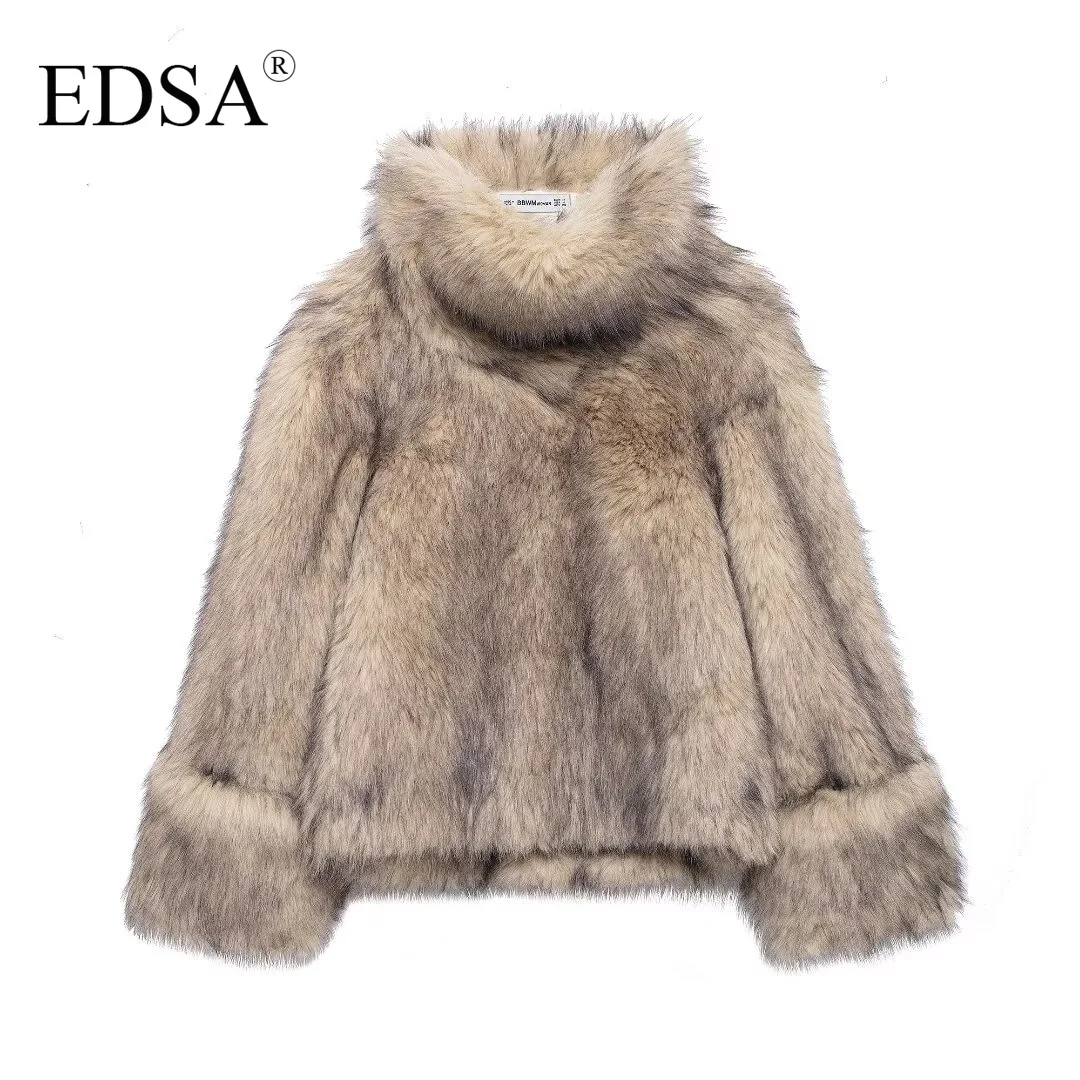 EDSA Women Faux Fur Khaki Pullover Sweatshirts Vintage High Neck Long Sleeves Female Chic Lady Outfits