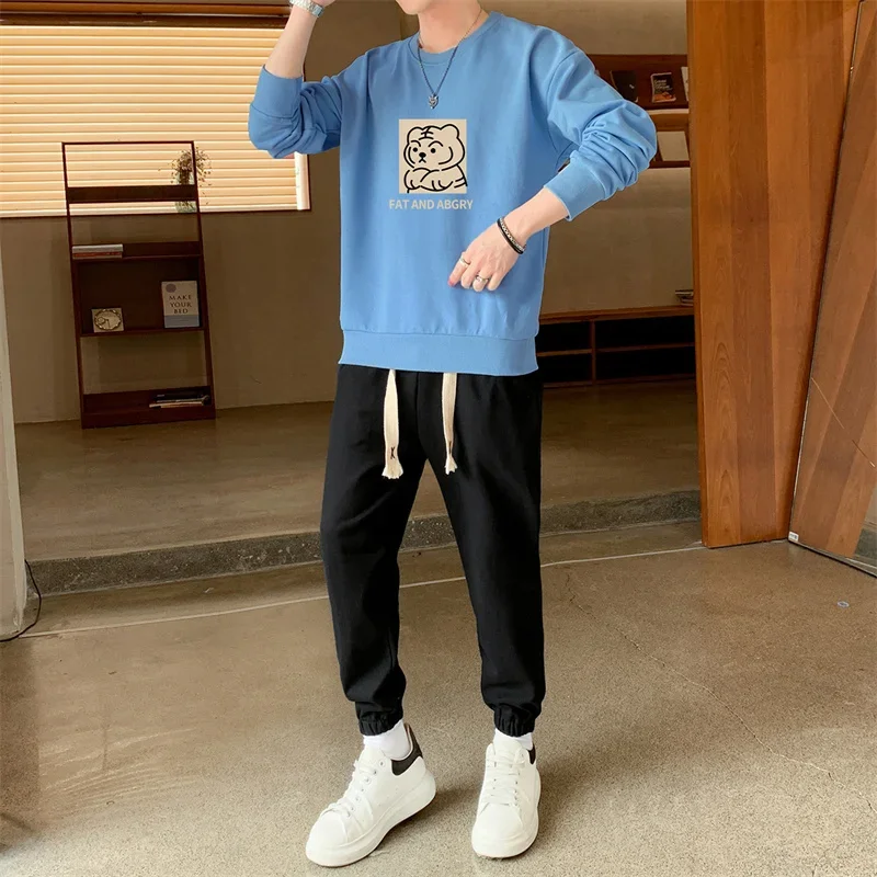 

Рубашка с подкладкой для отдыха, пуловер, толстовка, брюки с круглым вырезом, осенний комплект из 2 предметов, спортивные штаны, костюм, мужская одежда, повседневные топы с длинными рукавами