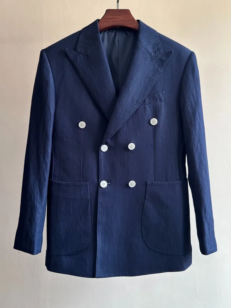 

JUESION Men's Casual Busin Breathable Denim Double Row Button Suit Set Spring Summer Stand Fit American Leisure Sle