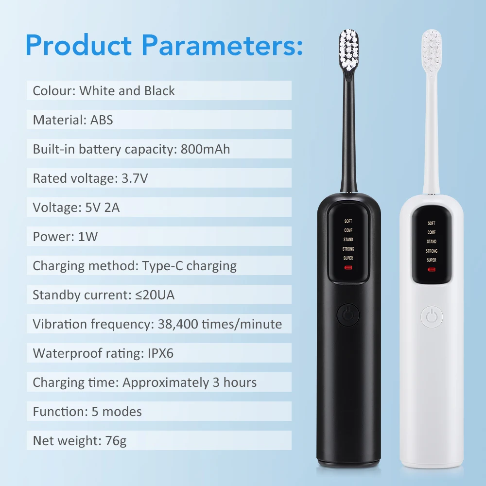 

45 ° Зубная щетка с вибрацией, 5 режимов, перезаряжаемая электрическая зубная щетка, умная зубная щетка для взрослых, чистка зубов, уход за полостью рта