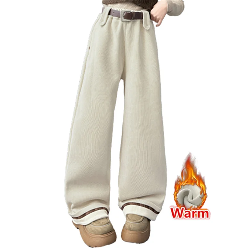 New Winter Warm Pants with Belt for Girl High Street Thick Thermal Trousers Kids Fleece-lined Sweatpants For Teen 5 7 9 11 13 14