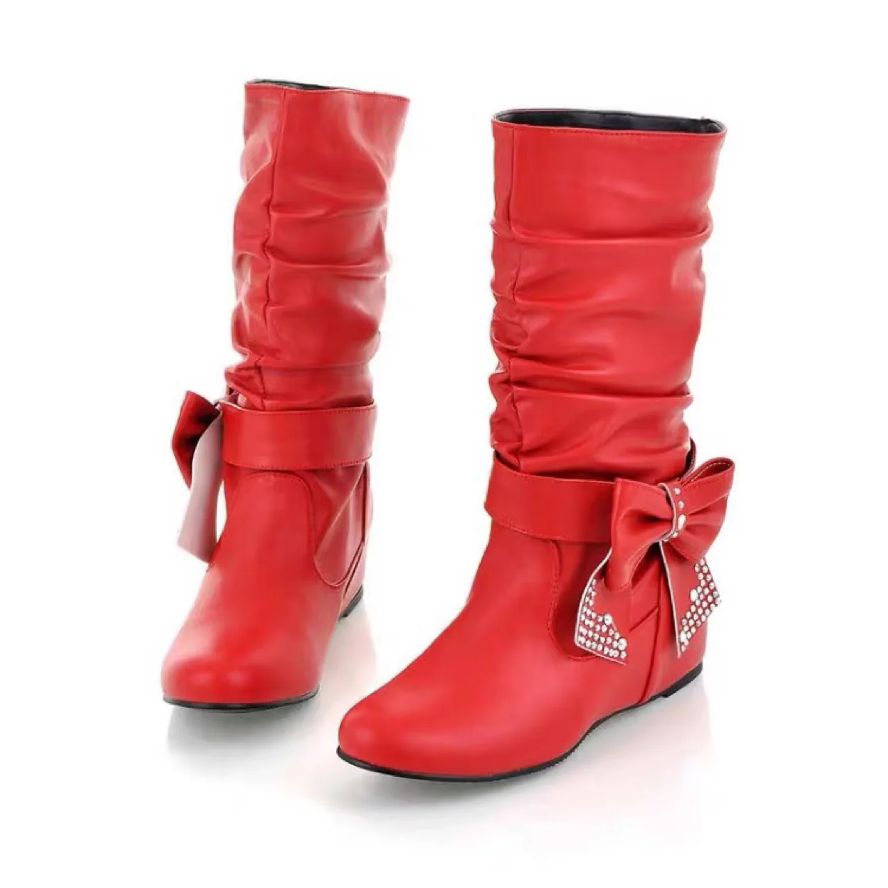 Autumn and winter new female boots bow rhinestone mid-calf boots large size casual female boots