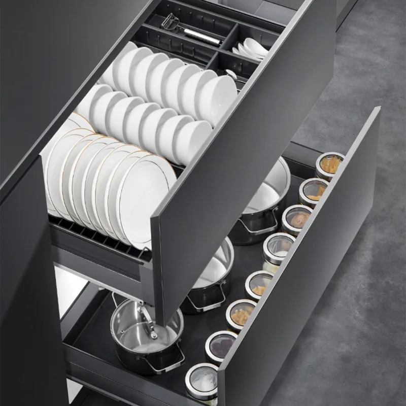 

Kitchen, dishes, storage racks, pull baskets, drawers, shelves, cabinets, drains