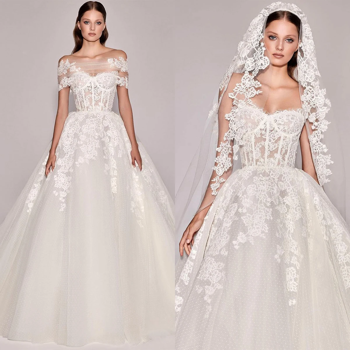 

Gorgeous Wedding Dresses Boat Neck Appliques Lace A Line Bridal Gowns Custom Made Lace-Up Back Sweep Train Robe De Mariee