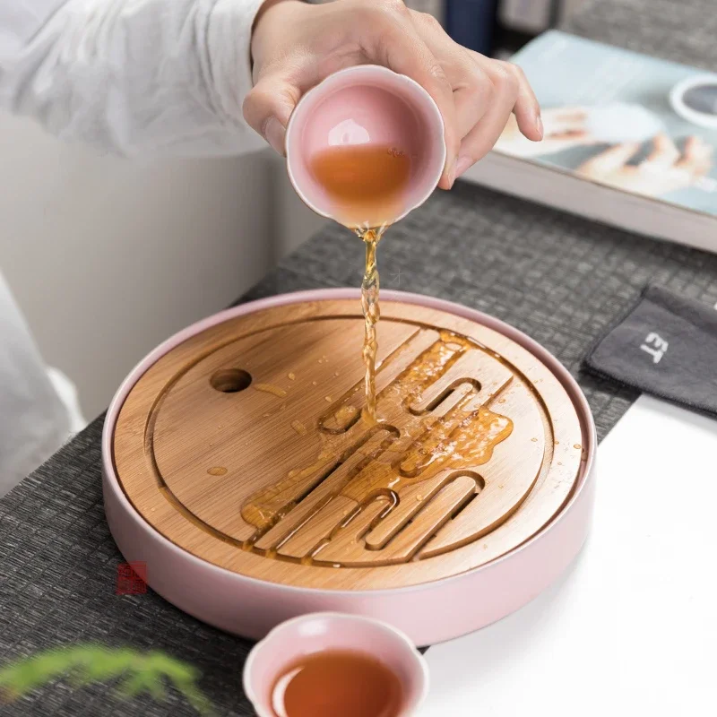 

Ru Kiln Round Tea Trays Bamboo Chinese Decor Ceramic Teapot Base Living Room Pink Trays Kung Fu Tea Ceremony Set