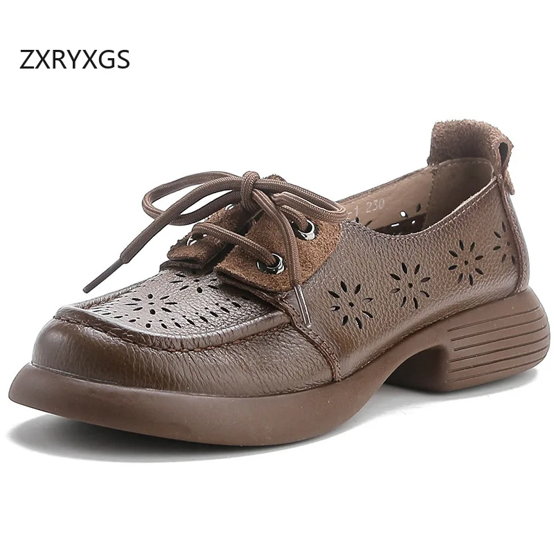 ZXRYXGS Cowhide Hollow Elegant Genuine Leather Shoes Flat Comfortable Breathable Sandals 2024 New Spring Summer Flat Shoes Tide