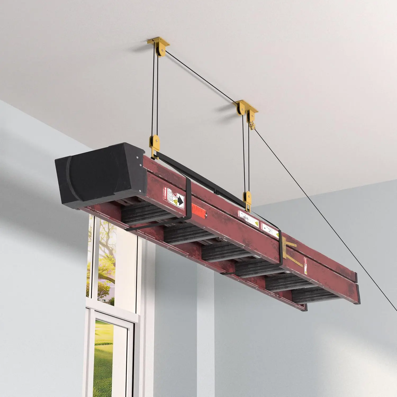 

Ladder Storage Pulley Hoist, Self Locking Function Ladder Hanger, Garage Ceiling Mount Lift System for Lightweight Kayak