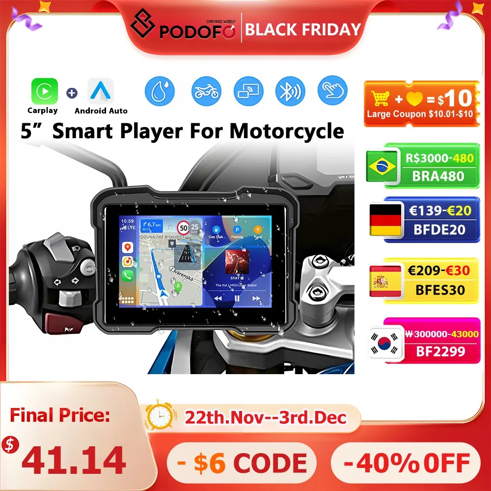 Podofo 5'' Motorcycle Navigation Carplay Android Auto Motorcycle Monitor IP67 Waterproof Bluetooth Portable Smart Screen Player