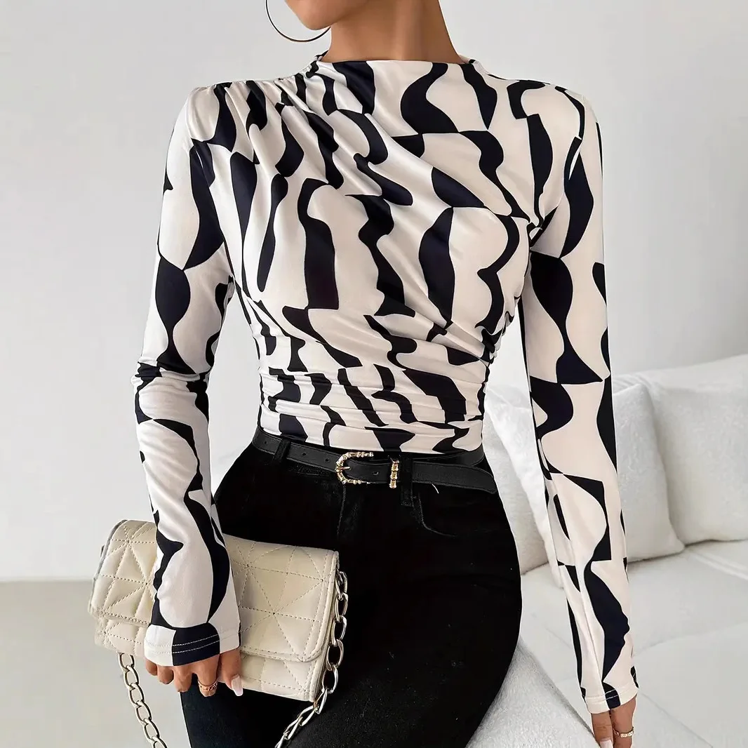 

2025 Autumn New Slim-Fit Shirt Small Stand-Up Collar Ruffled Edges Was Printed Women's Top Daily Commute Vintage Clothing