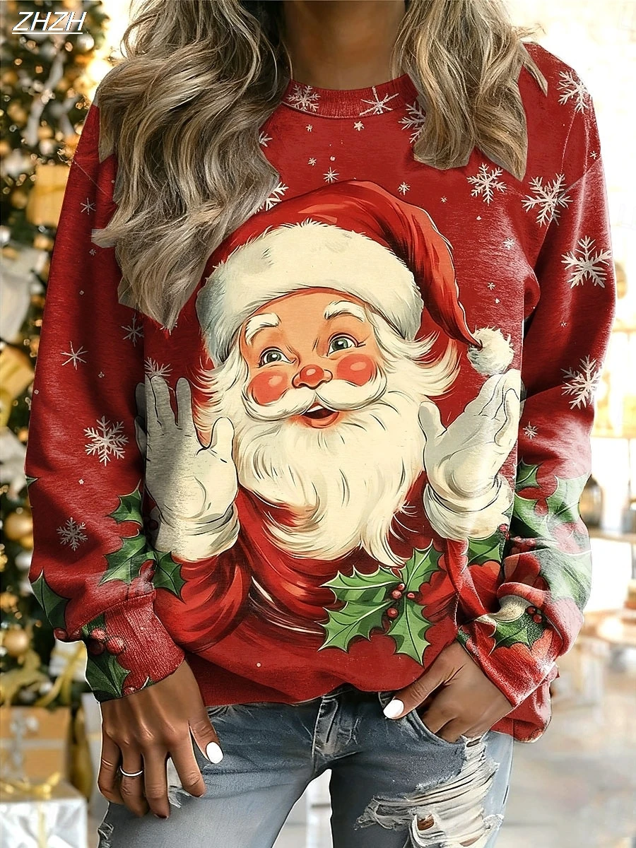 بلوفر نسائي برسومات سانتا لعيد الميلاد، رقبة دائرية مريحة وأكمام طويلة، نمط شارع المنزل، سترة كاجوال للخريف والشتاء