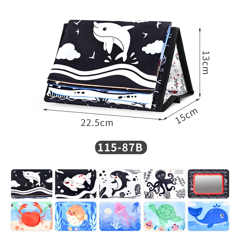 Lustiges schwarz-weißes Baby-Stoffbuch, frühes pädagogisches Montessori-Spielzeug für Kinder, Neugeborene, Bauchzeit, Spiegel, Kalender, Spielzeug