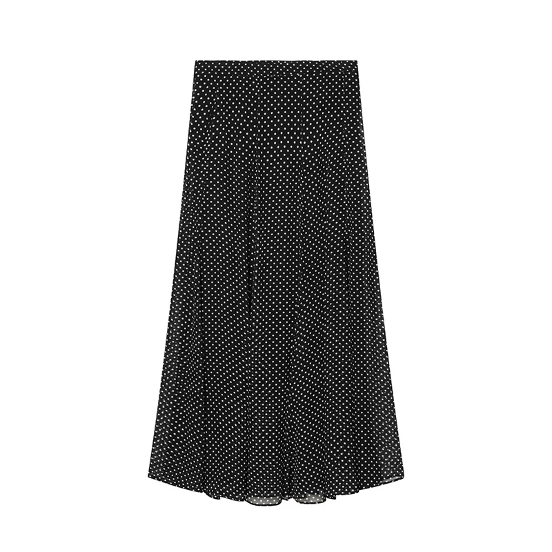 YENKYE Spring Summer 2026 Women Black Polka Dot Maxi Skirt High Waist A-line Chiffon Long Skirts