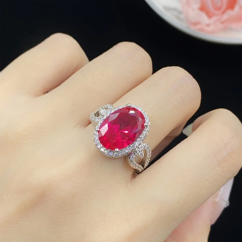 

Oval Red Corundum Luxurious Fashion Three-Piece Full Diamond Open Ring Women's Elegant Pendant Earrings Set
