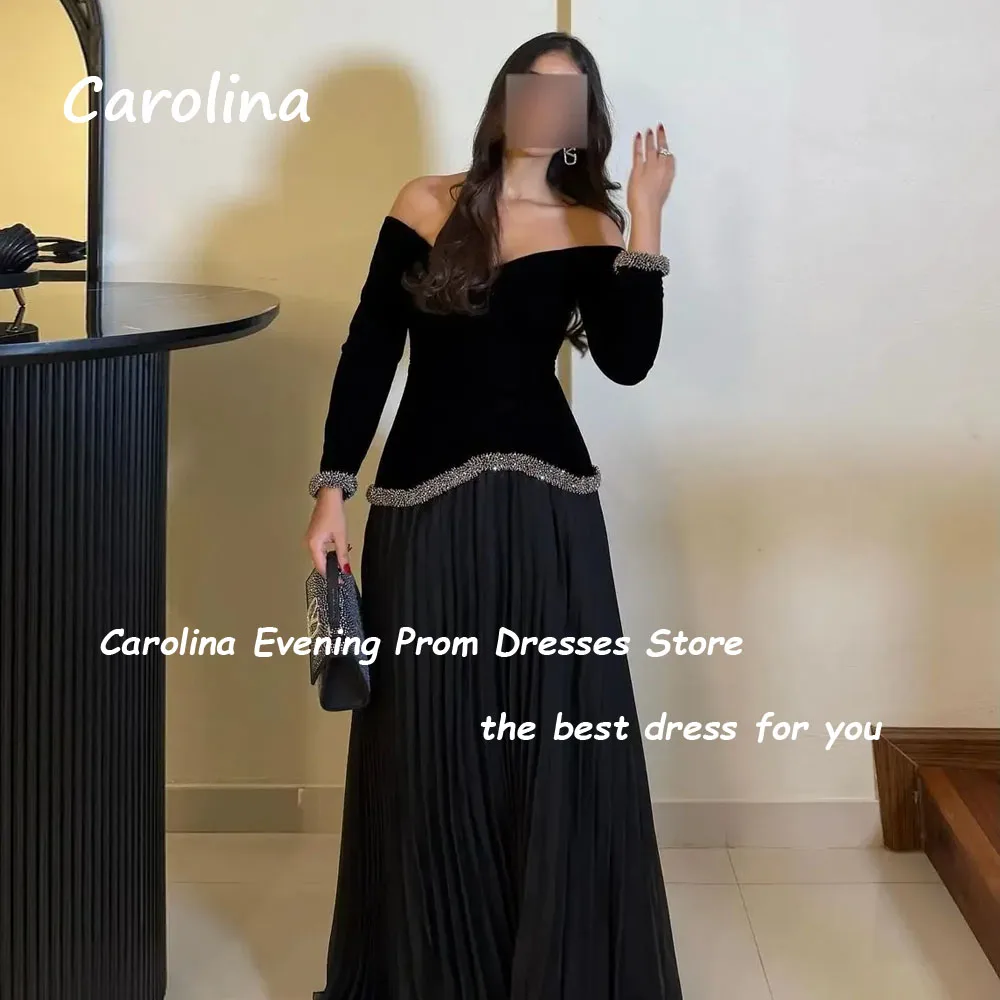 Carolina Off the Shoulder Women Evening Dress Velour and Chiffon Draped A-Line Floor Length Customized Wedding Party Gowns