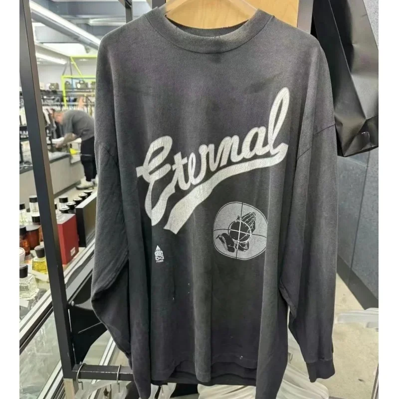 

Уличная футболка с вечным буквенным принтом Saint Michael, мужские и женские спортивные пуловеры, потертая футболка с длинными рукавами, старая повреждающая футболка