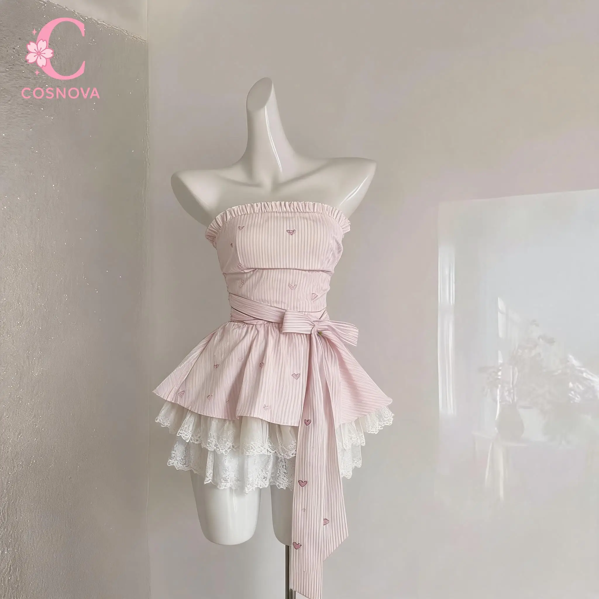 

Sweet Kawaii Princess Korean 2 Piece Set Women Bowknot Ruffle Lace Trim Strapless High Waist Cake Skirt Daily Harajuku Fashion