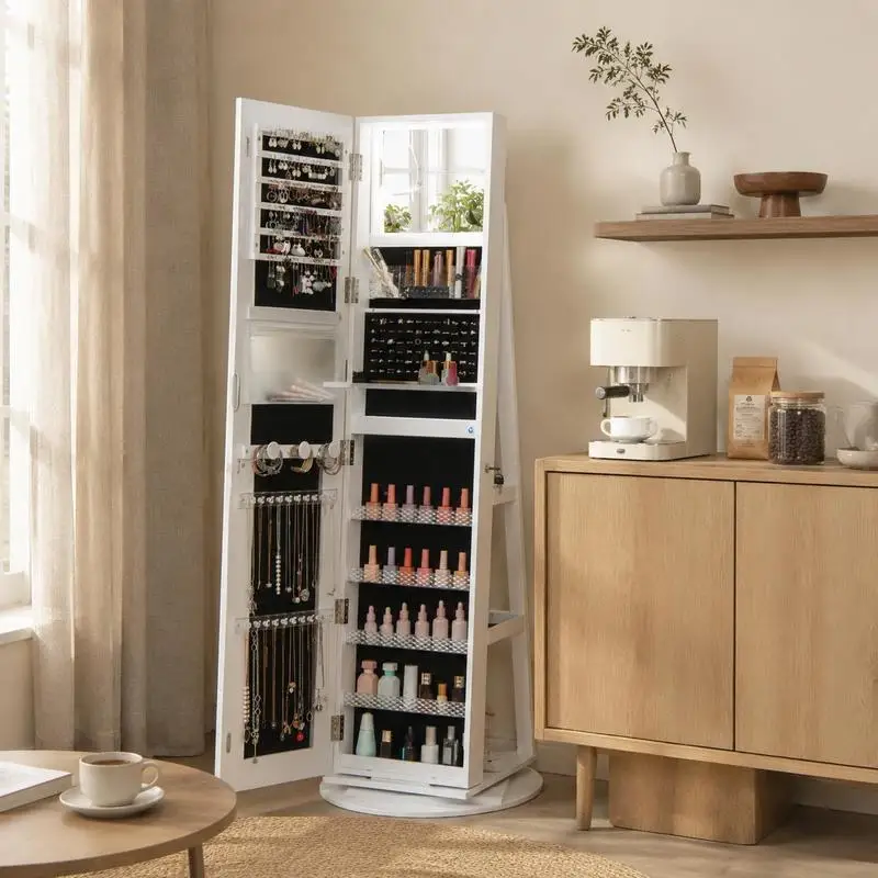 Armoire à bijoux autoportante avec miroir pleine longueur, armoire de rangement à bijoux en bois blanc, grande capacité de rangement pour la coiffeuse de chambre, 54,5 x 54,5 x 160 cm
