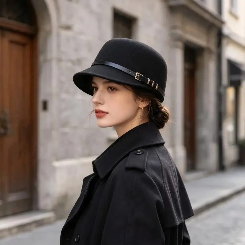 Autumn Winter Belt Buckle Equestrian Hat Women's British Retro Black Knight Show Face Small Fashion Cap
