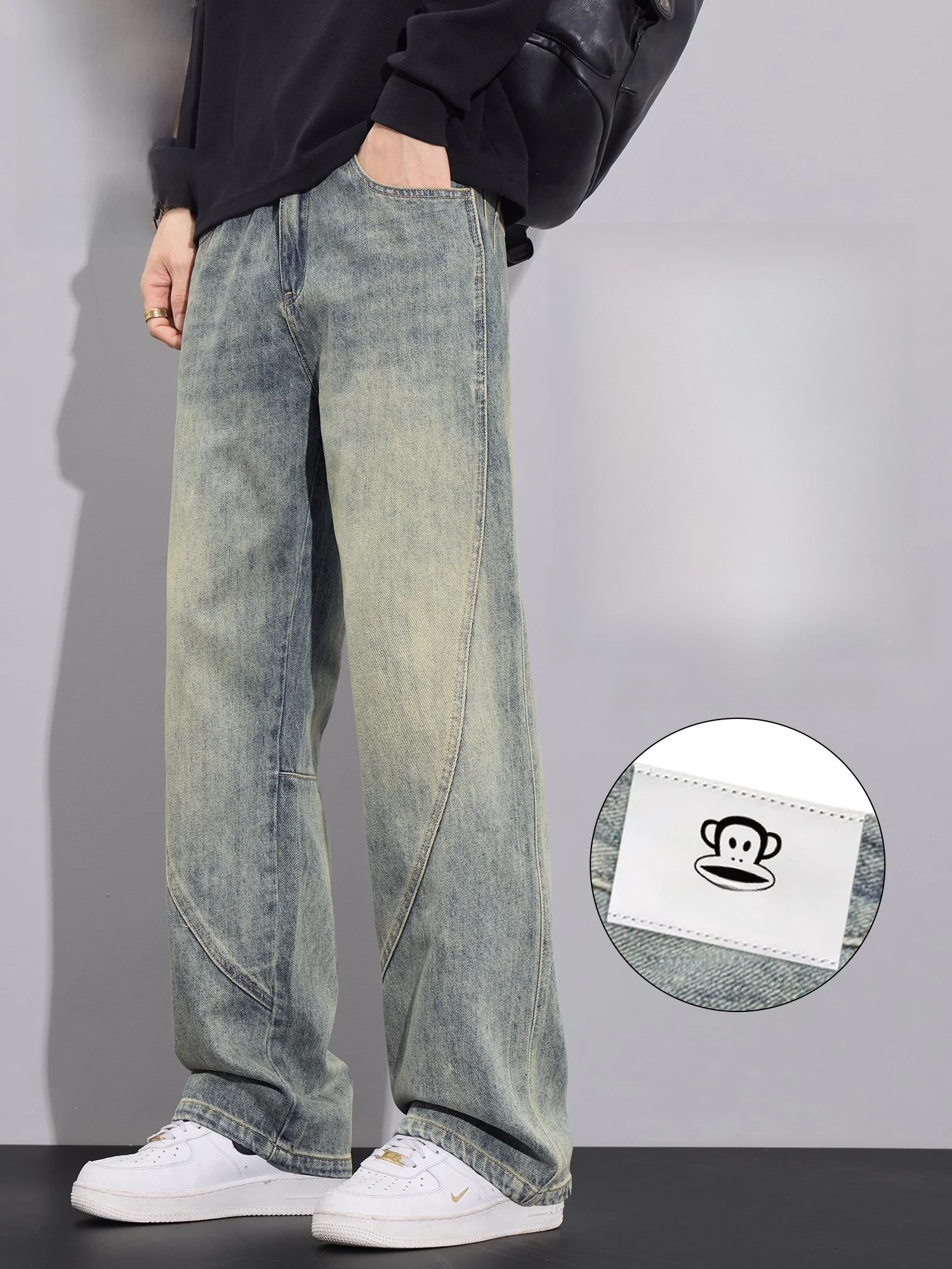 

PaulFrank Retro Wide Leg Men's Jeans Spring Trendy Loose Straight Tube Long Trousers Splice Cotton Polyester Regenerated Fiber