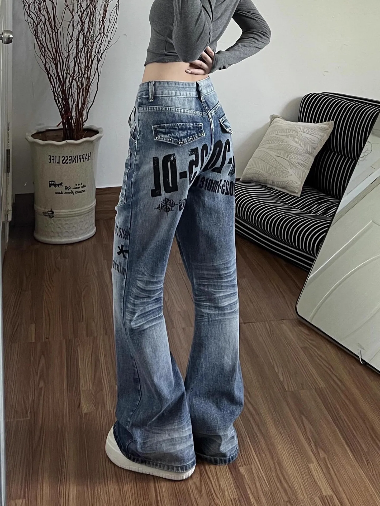 

Blue American High Street Letter Embroidery Flared Jeans Men's Women's CleanFit ort plus Size Slimming Knife Workwear Trousers