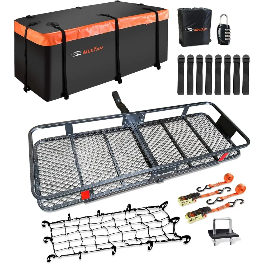 

MeeFar Folding Hitch Mount Cargo Carrier Basket 60" X 20" X 6"+Waterproof Cargo Bag 16 Cubic Feet(58" 19" 24"),Hauling Weight Ca