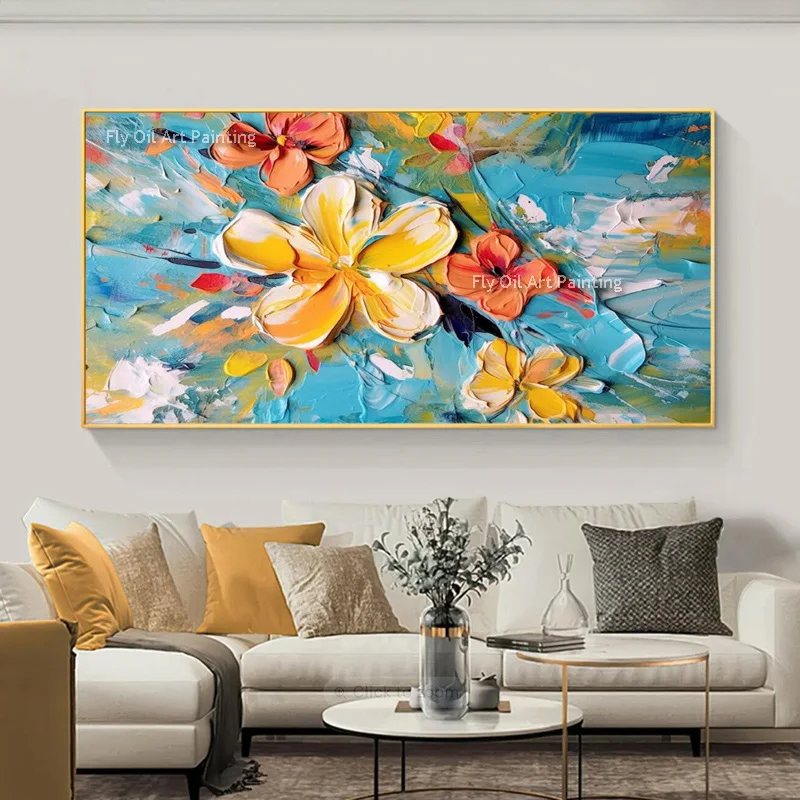 Small Fresh Withe Orange Flowers Oil Painting On Canvas Modern Handmade Large Flowers Knife Thick Artwork Decor Blue Background