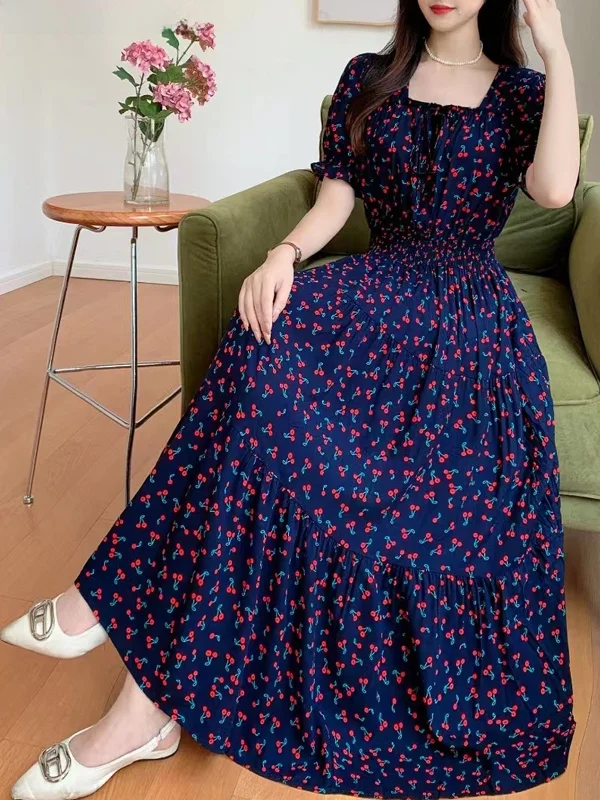Summer New Cotton Silk Floral Print Maxi Dr ort Sve Beachwear High Waist A-Line Skirt Lightweight Anti-Ball Women's D...