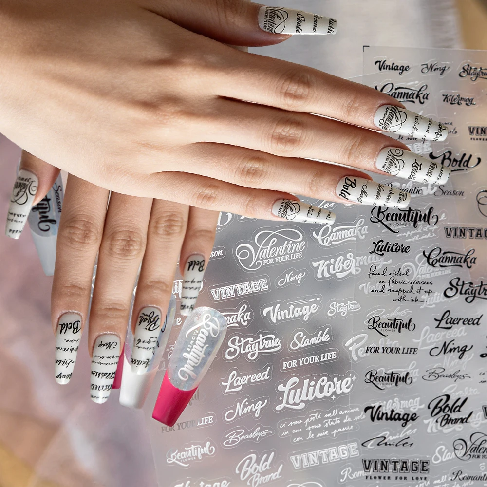 

1 лист 5D-наклеек для ногтей с тиснением в винтажном стиле, черно-белые наклейки-слайдеры с каллиграфическими надписями, элегантные самоклеящиеся наклейки для маникюра