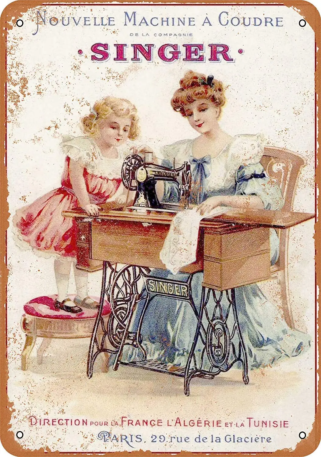 Blechschild für Vintage-Look 1889, französische Sängerin, Nähmaschinen, Metallschild