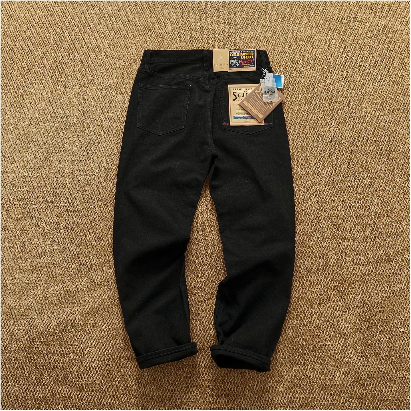 بنطال جينز أمريكي عتيق ذو ساق مستقيمة من قماش الدنيم باللون الأسود الفاخر للرجال - سروال مناسب مريح ثقيل الوزن لخريف/شتاء